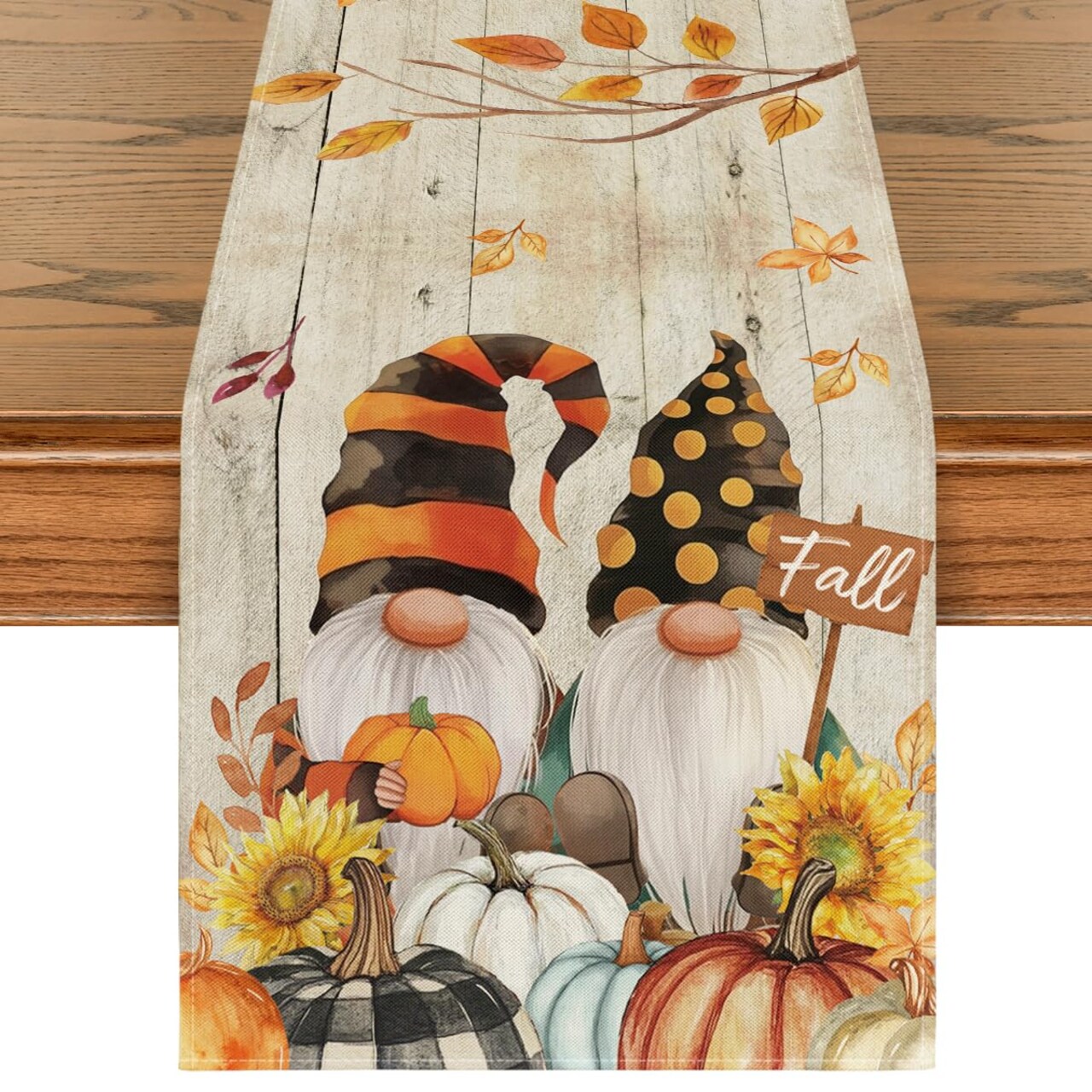 Wood Gnomes Pumpkins Sunflower Leaves Fall Table Runner, Seasonal Autumn Kitchen Dining Table Decoration for Home Party Decor 13x72 Inch